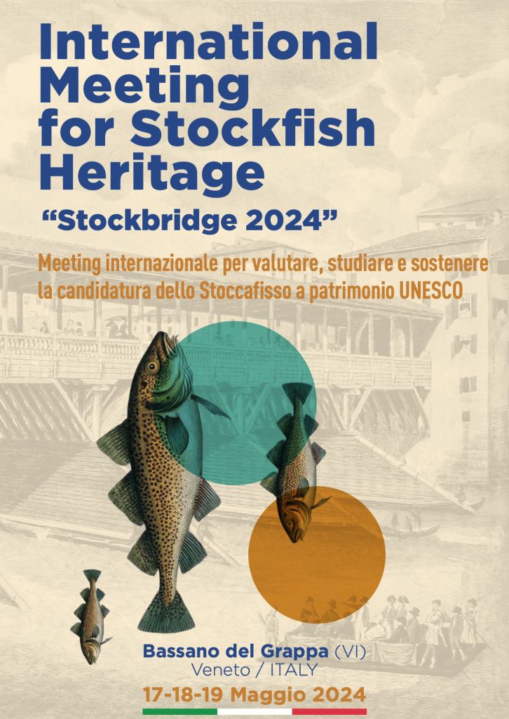 Plakat med tegnede tørrfisk og den overbygde broen i Bassano som bakgrunn, med teksten International Meeting for Stockfish Heritage – Stockbridge 2024