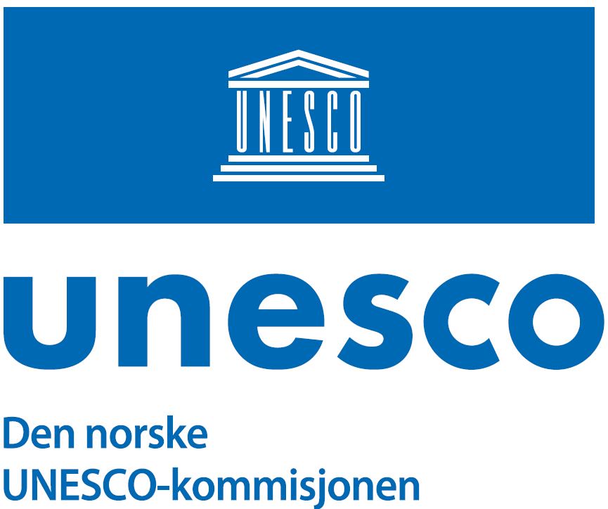 Logoen til Den norske UNESCO-kommisjonen: UNESCOs hvite tempelsymbol på blå flate over navnetrekket