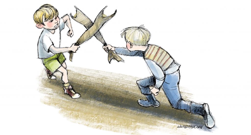 Tegning av to gutter som fekter mot hverandre med hver sin tørrfisk som sverd.