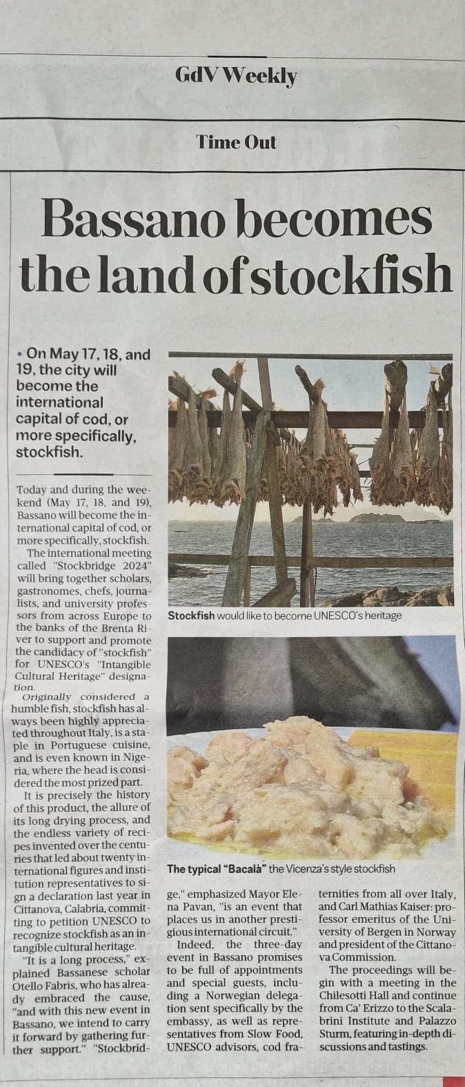 Faksimile av en engelskspråklig avisside med overskriften «Bassano becomes the land of stockfish»